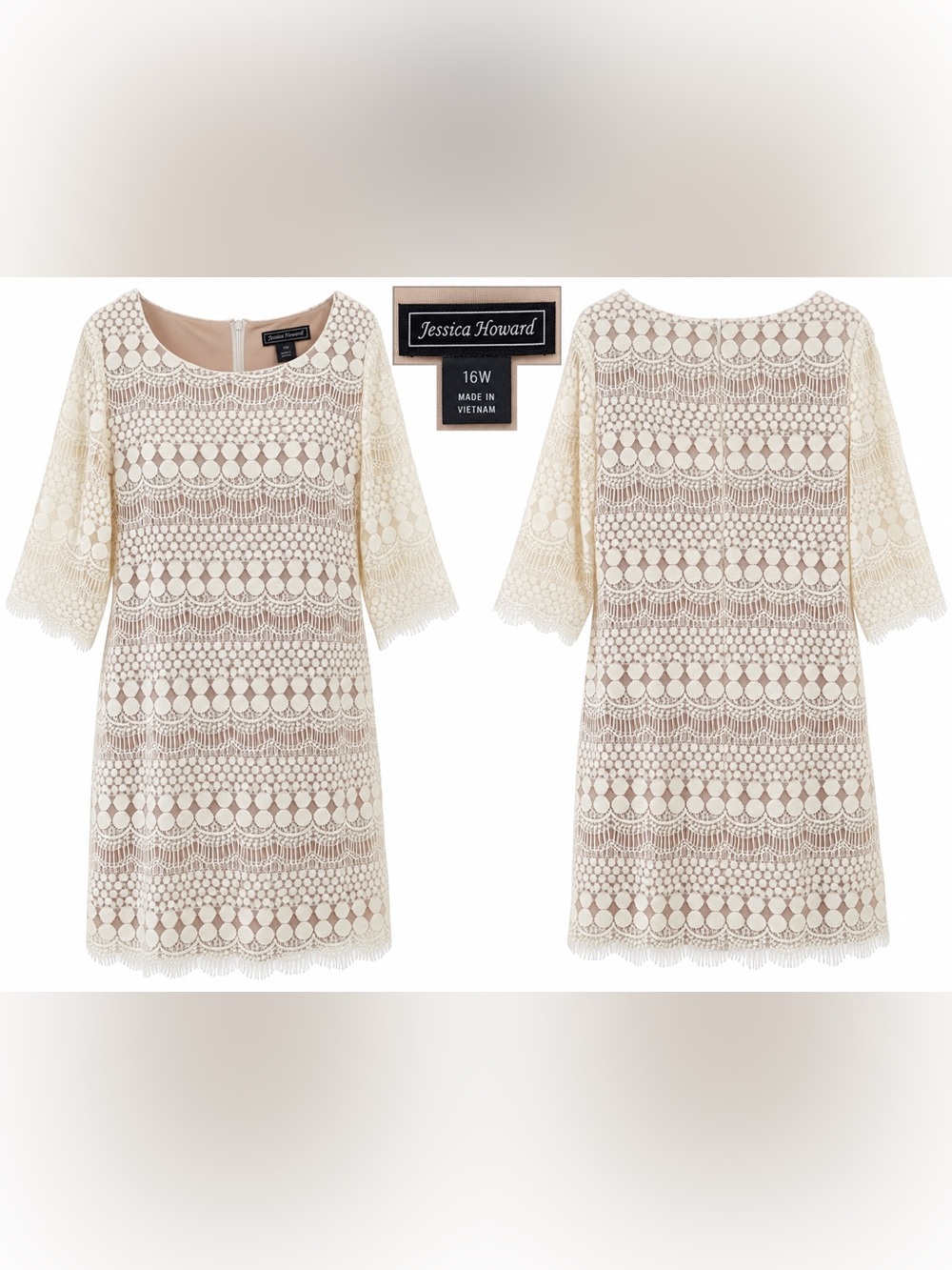 Jessica Howard 18W Ivory Lace Overlay Dress Long Sleeve NWT $100